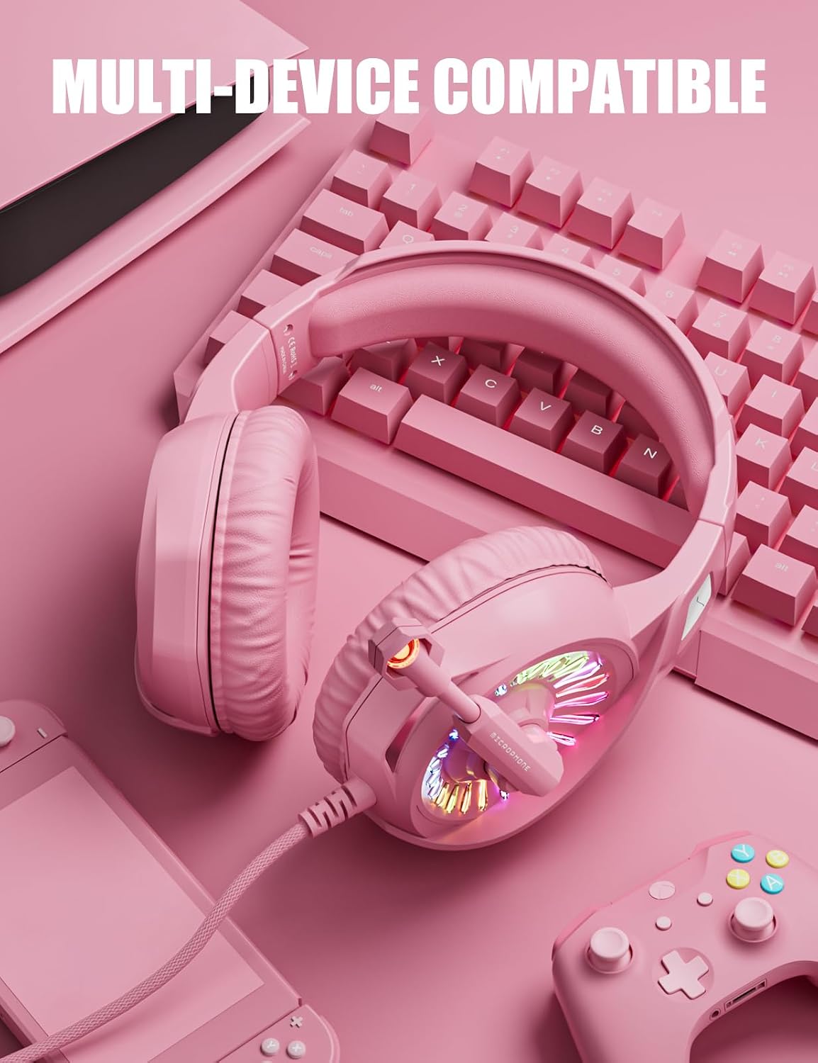 ZIUMIER Auriculares con cable rosa para juegos para PC, PS5, PS4, X...
