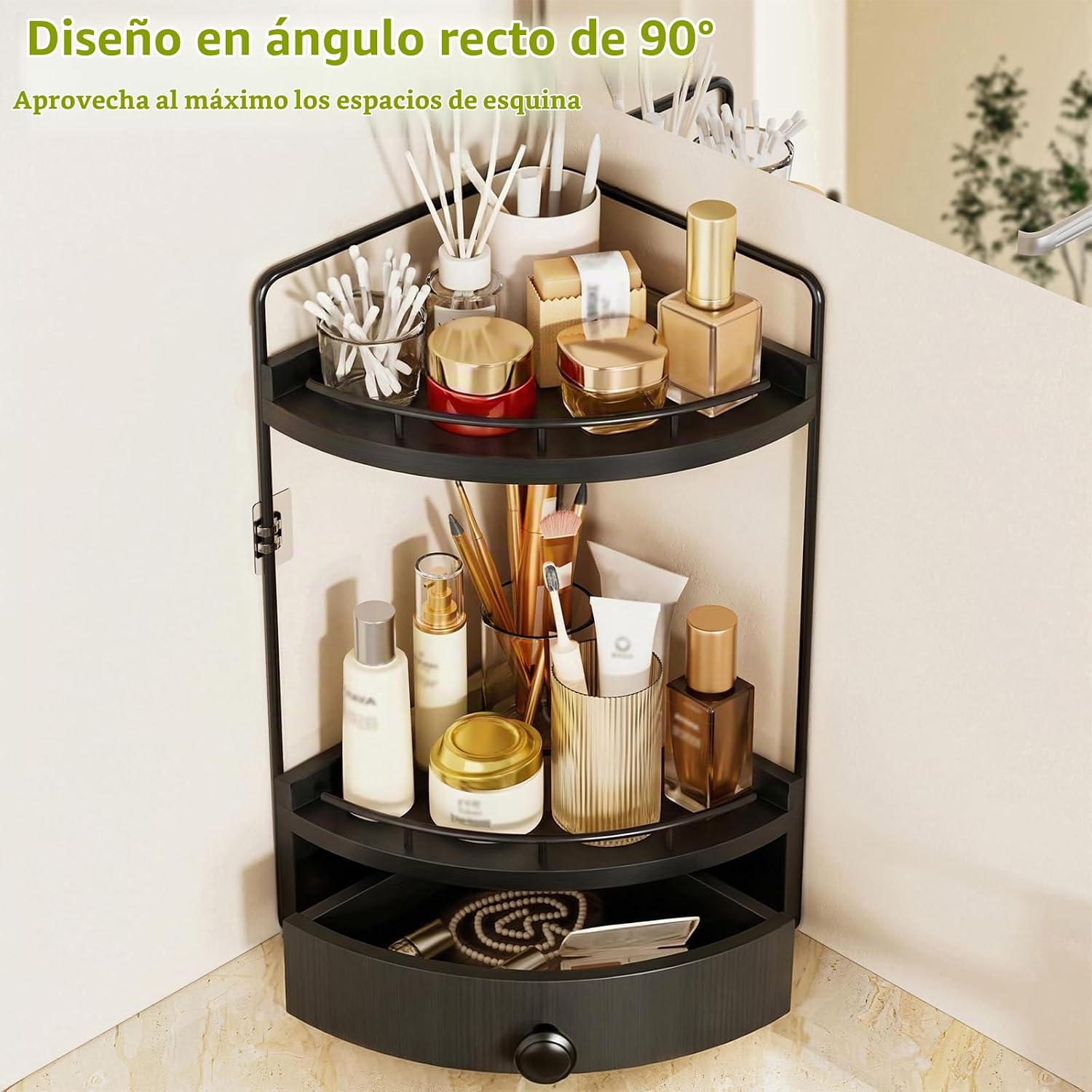Naeqieo Organizador esquinero de 2 niveles con cajón, color negro |...