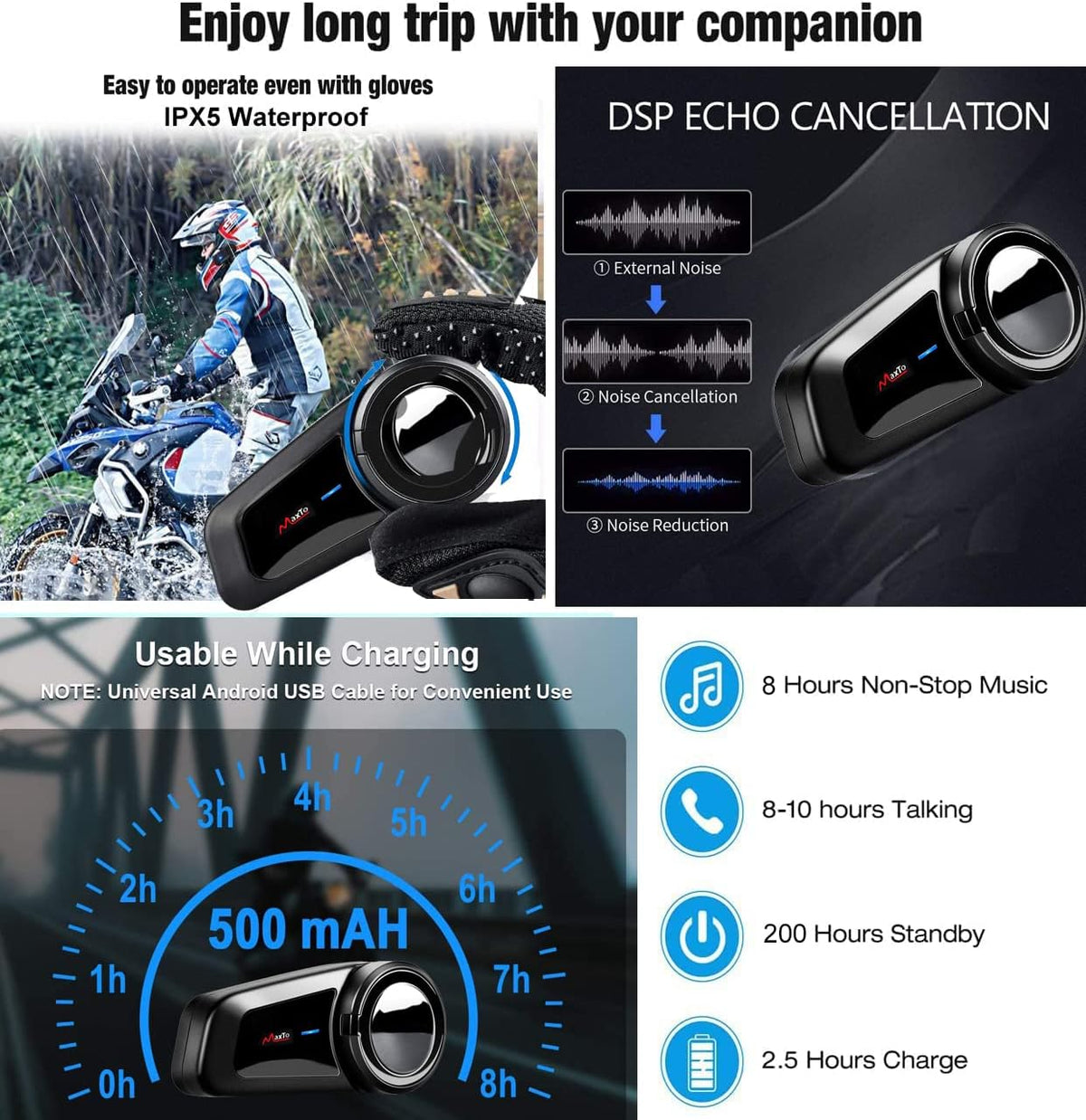 QSPORTPEAK Casco de motocicleta Bluetooth Intercomunicación Auricul...
