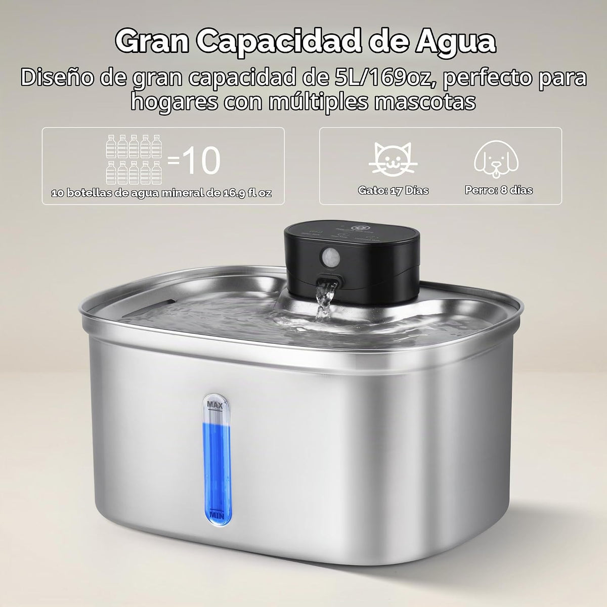 Fuente de agua inalámbrica para gatos de acero inoxidable, dispensa...