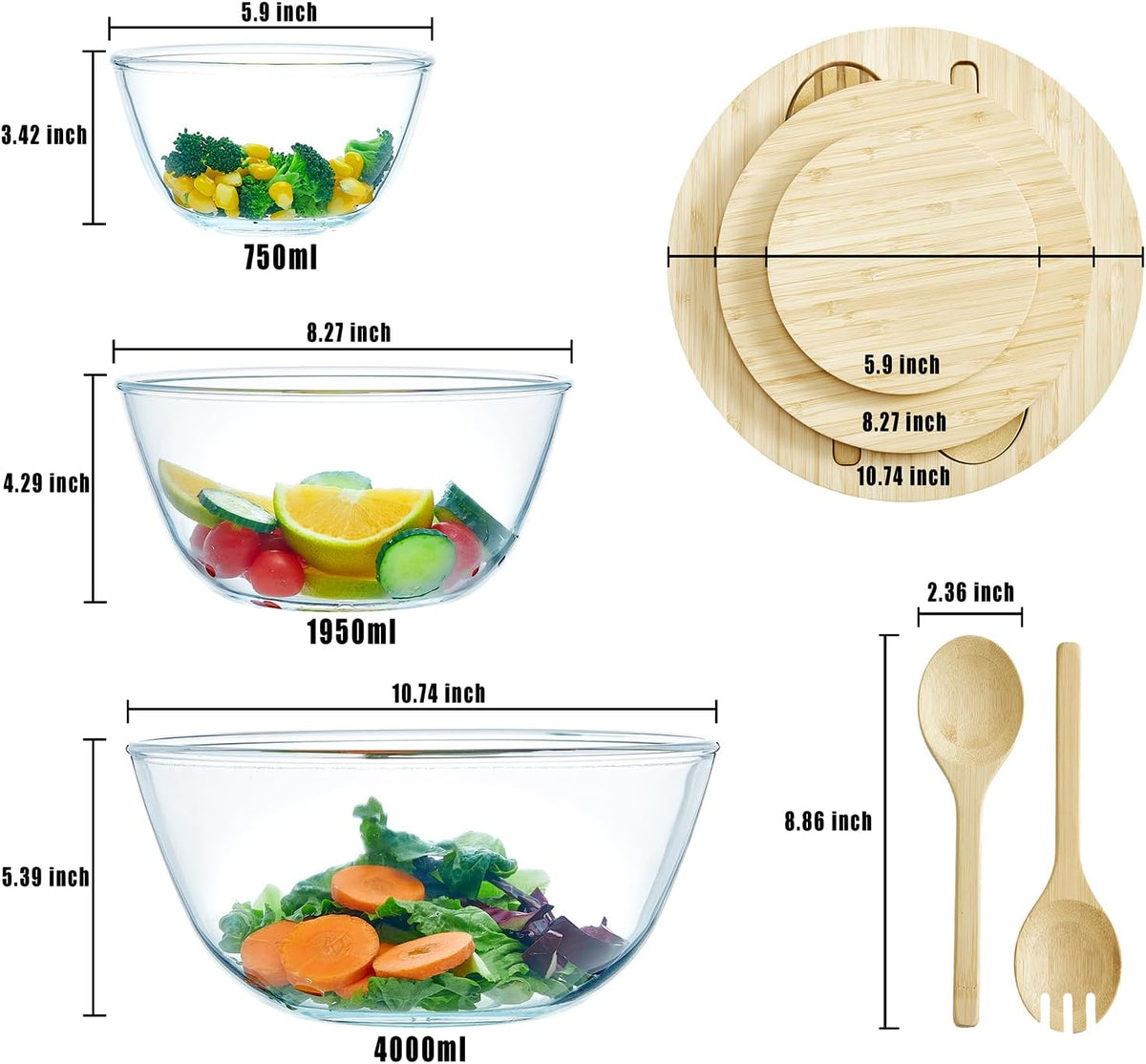 ECWAY Juego de 3 cuencos de vidrio para ensalada con tapas de bambú...