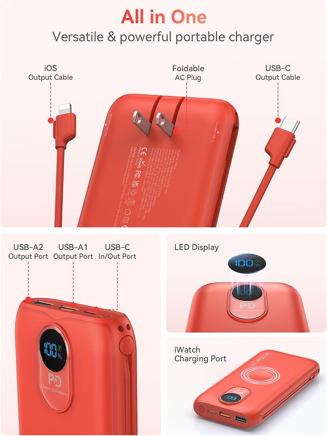 Cargador portátil Power Bank 10000mAh PD20W con cables incorporados...