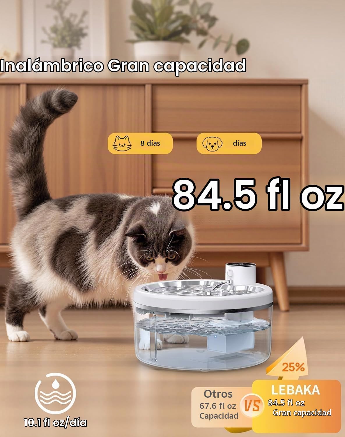 Fuente de agua inalámbrica para gatos [con bandeja de acero inoxida...