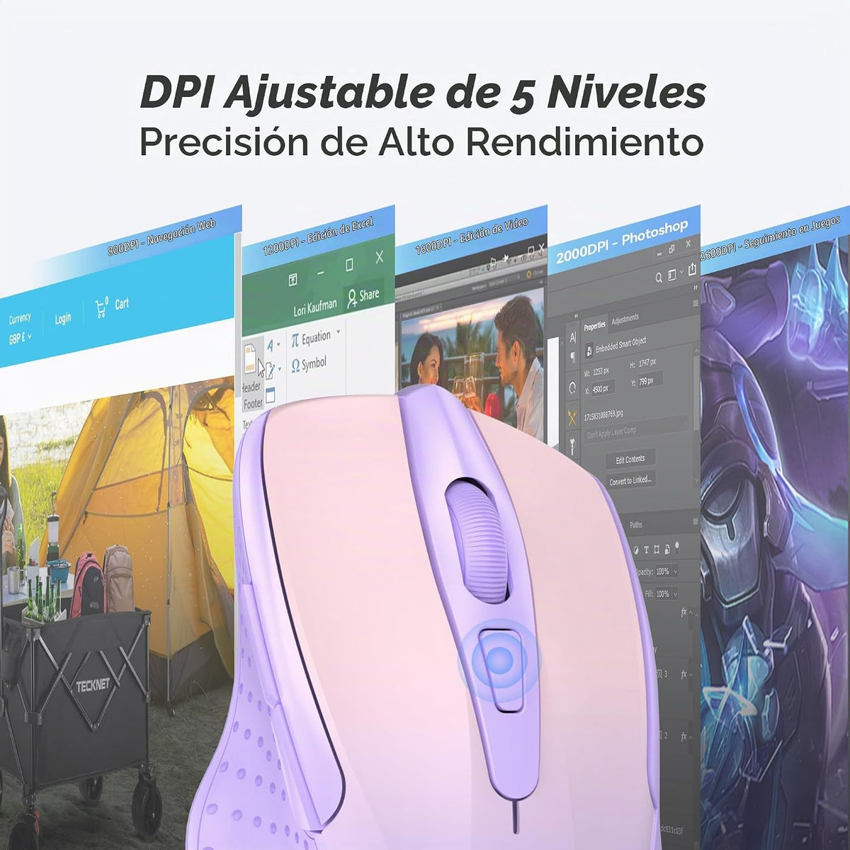 TECKNET - Mouse inalámbrico y ergonómico de 2.4 GHz, mouse óptico p...