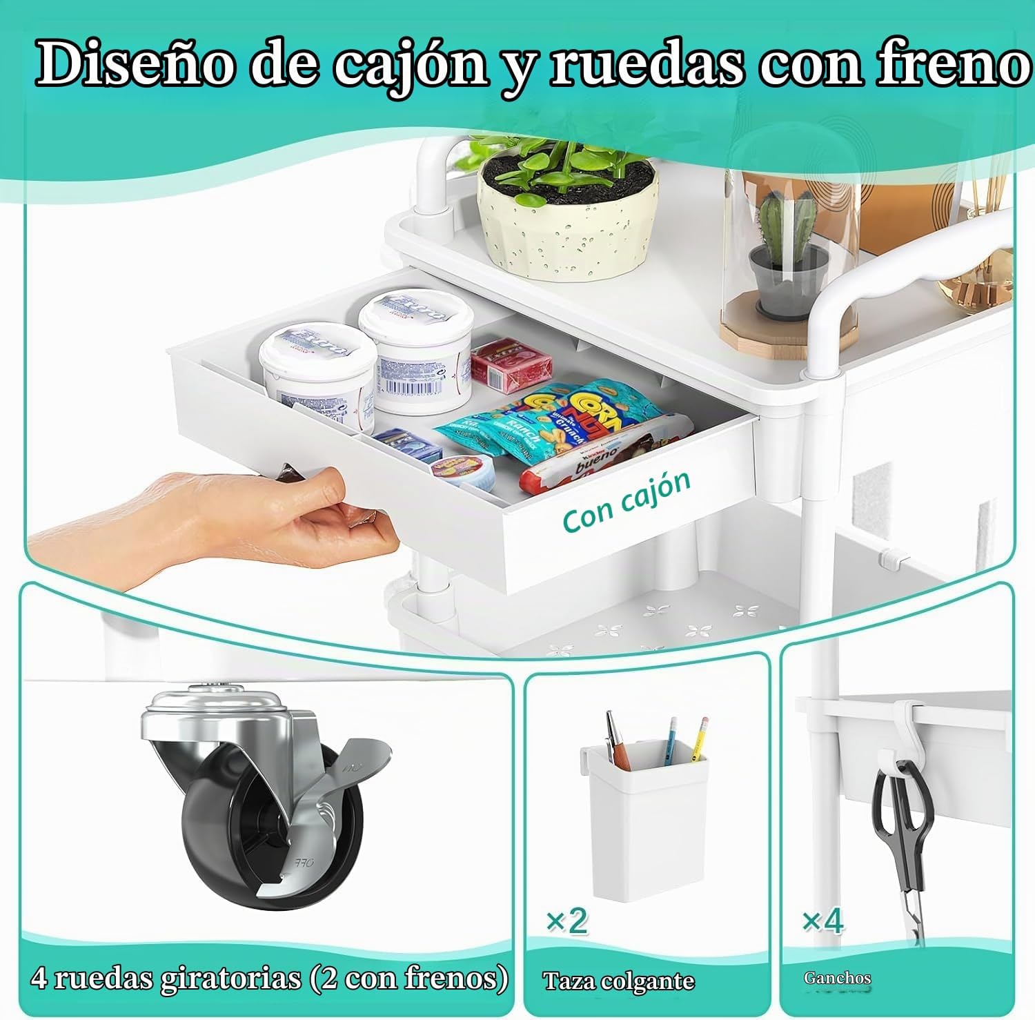SUNALLY Carrito Rodante de 3 Niveles con Cajón, Organizador de Alma...