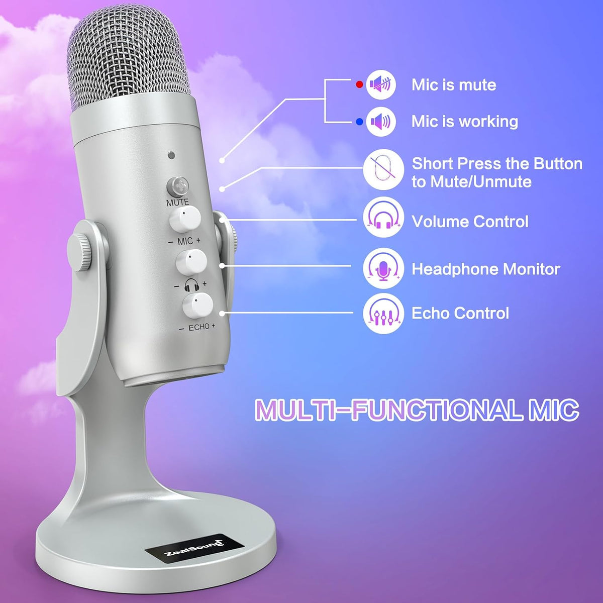 ZealSound Micrófono Podcast para PC, Micrófono USB con cancelación...