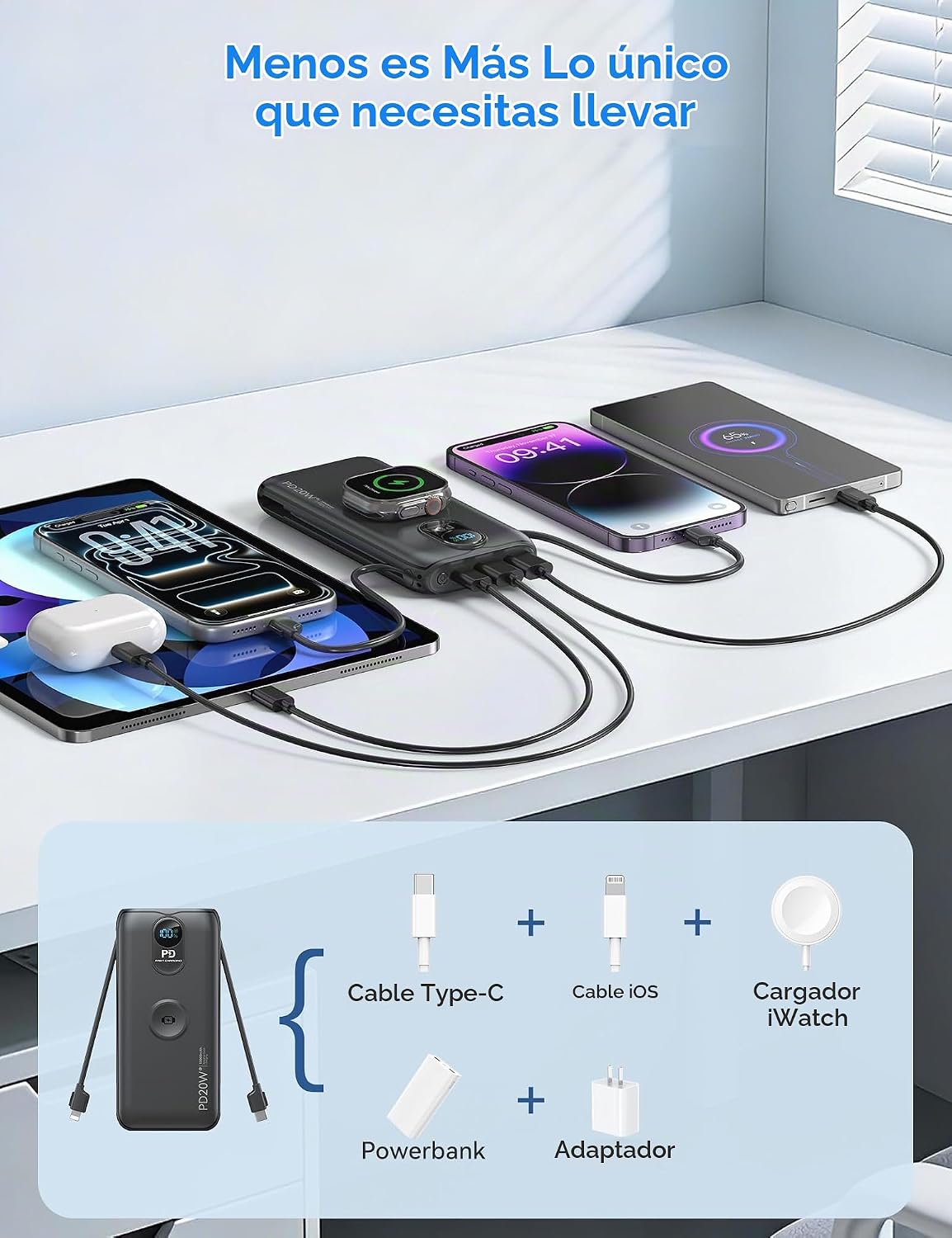 Cargador portátil Power Bank 10000mAh PD20W con cables incorporados...