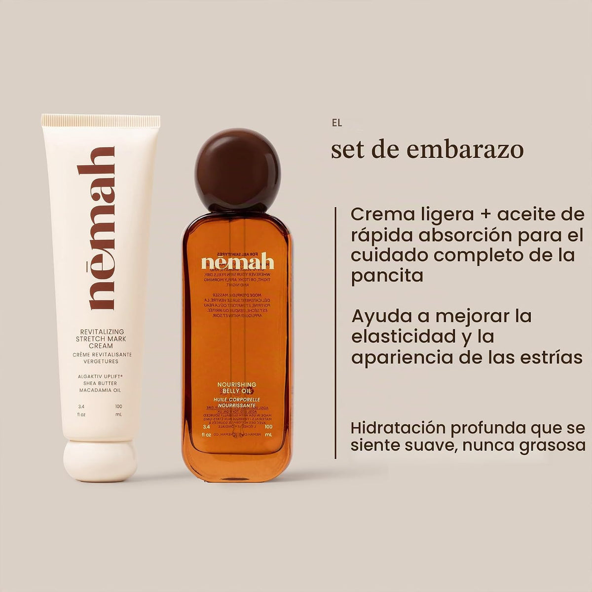 Nemah Crema de estrías y aceite de vientre para el embarazo, paquet...