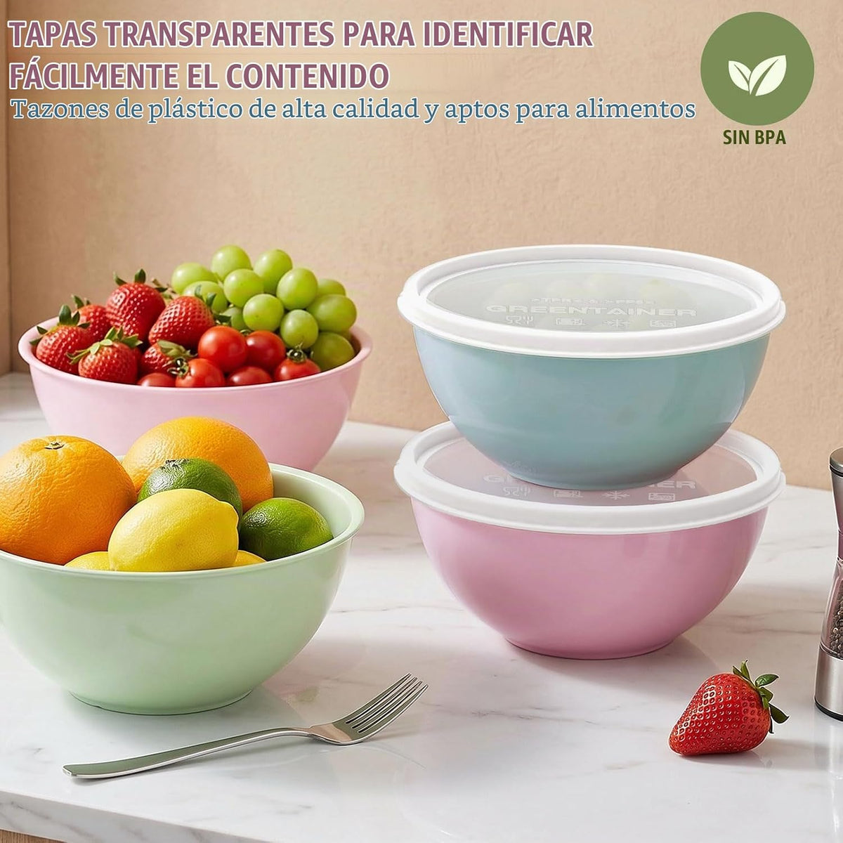 Greentainer Juego de 4 cuencos de plástico para mezclar con tapas p...