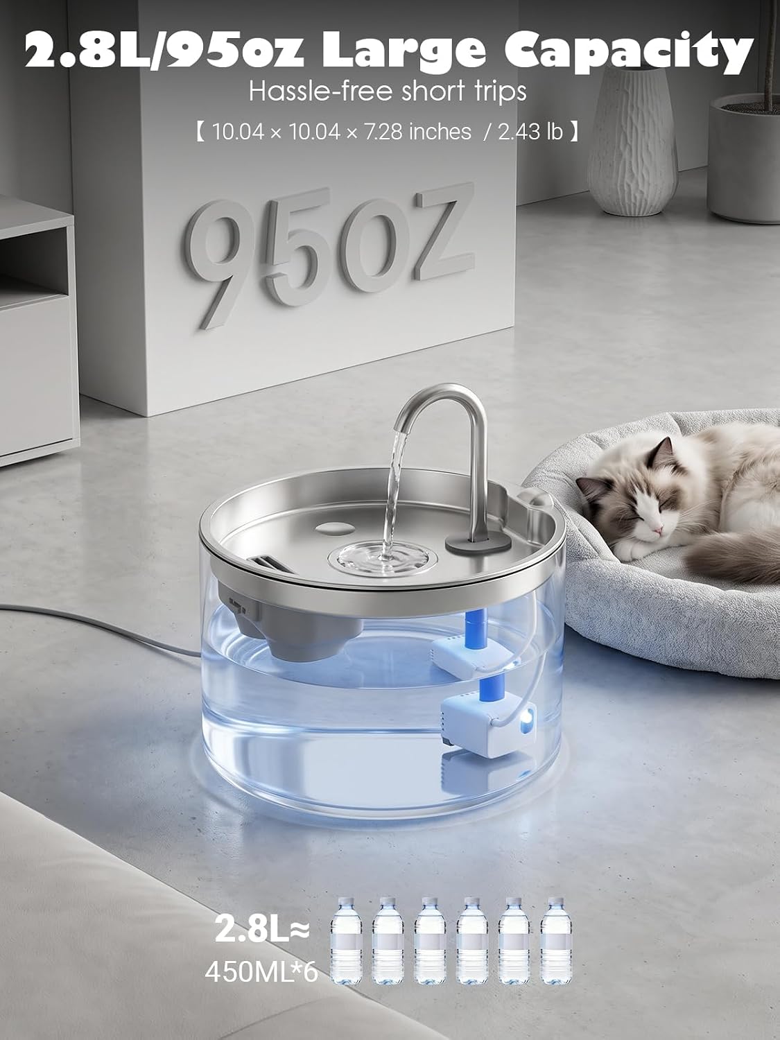 Fuente de agua de cristal para gatos, 95oz\/2.8L, apta para lavavaj...