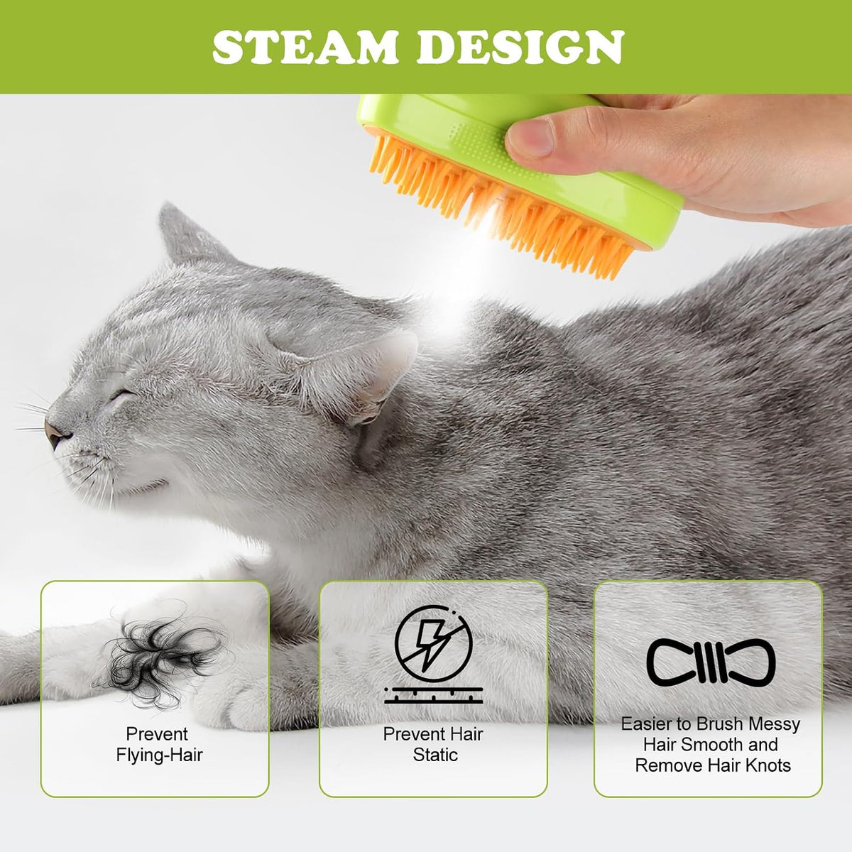 Cepillo de vapor para gatos, 3 en 1, peine de eliminación de pelo d...