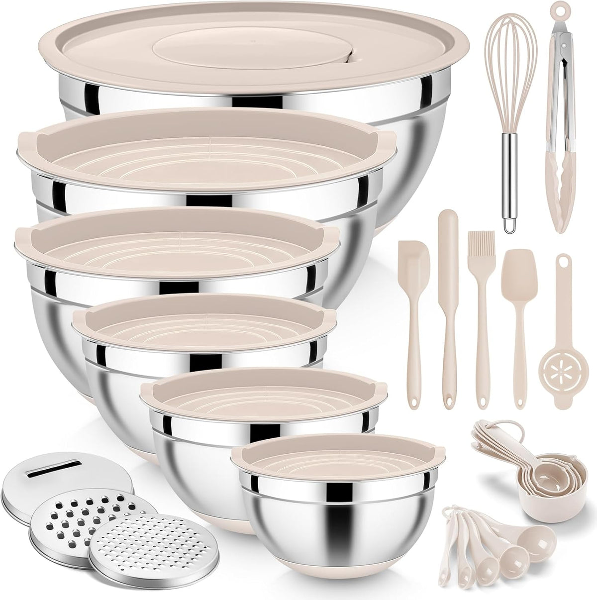 E-far Juego de 25 cuencos para mezclar con tapa, cuencos de acero i...