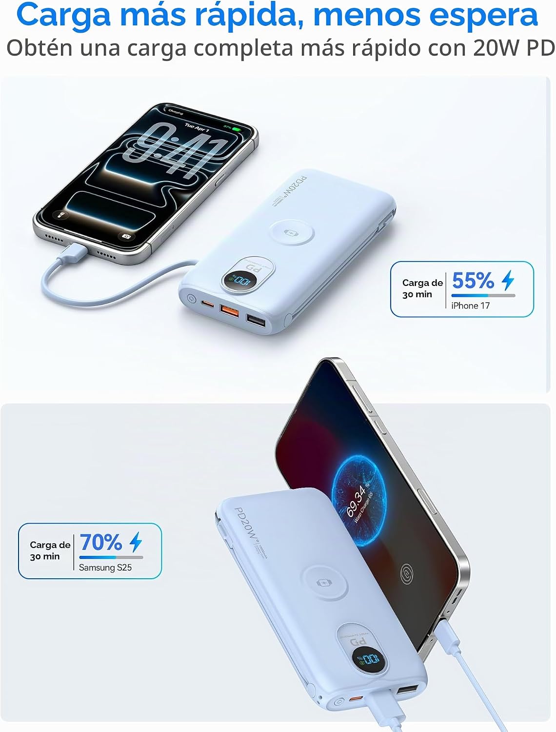 Cargador portátil Power Bank 10000mAh PD20W con cables incorporados...