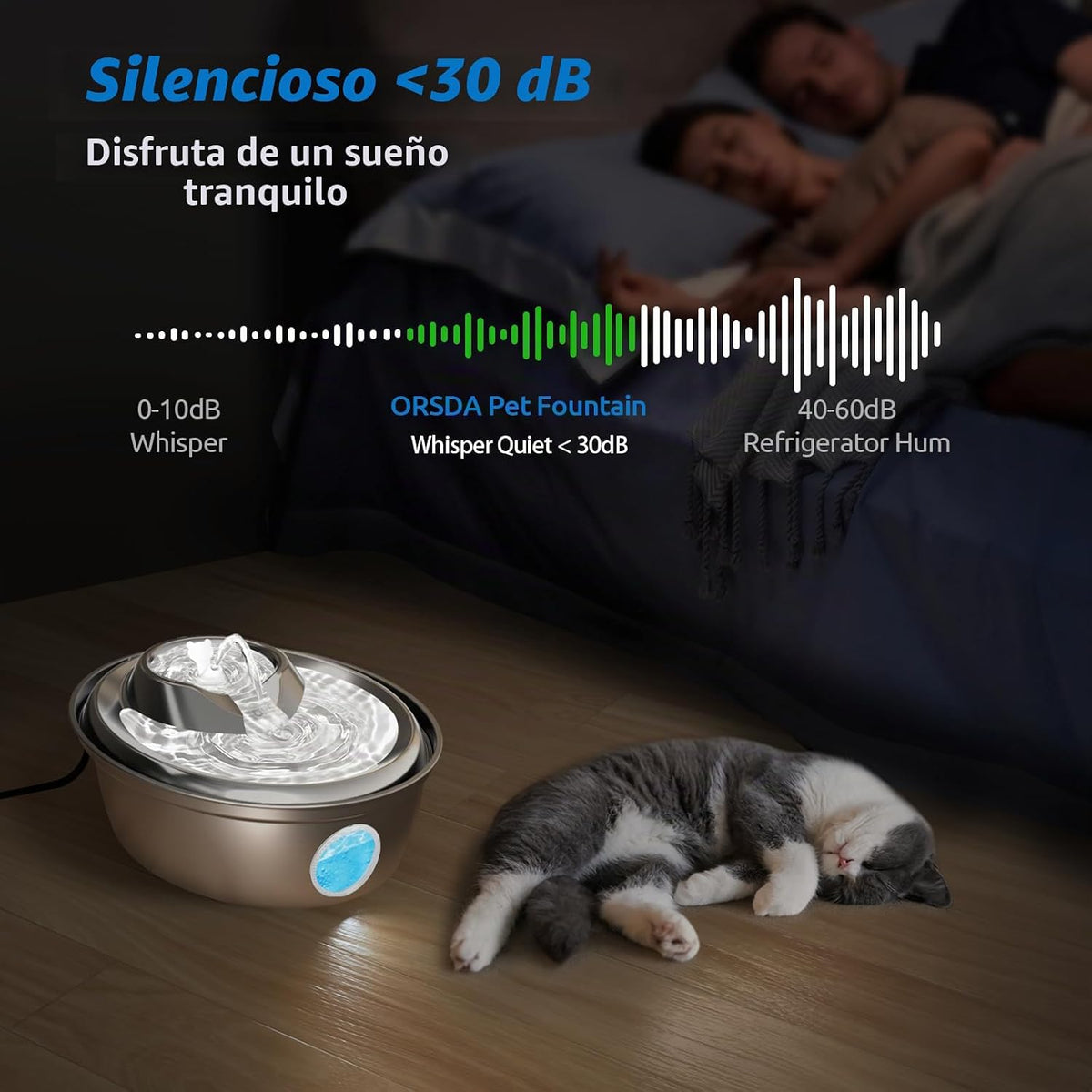 ORSDA Fuente de agua para gatos de acero inoxidable, fuente automát...