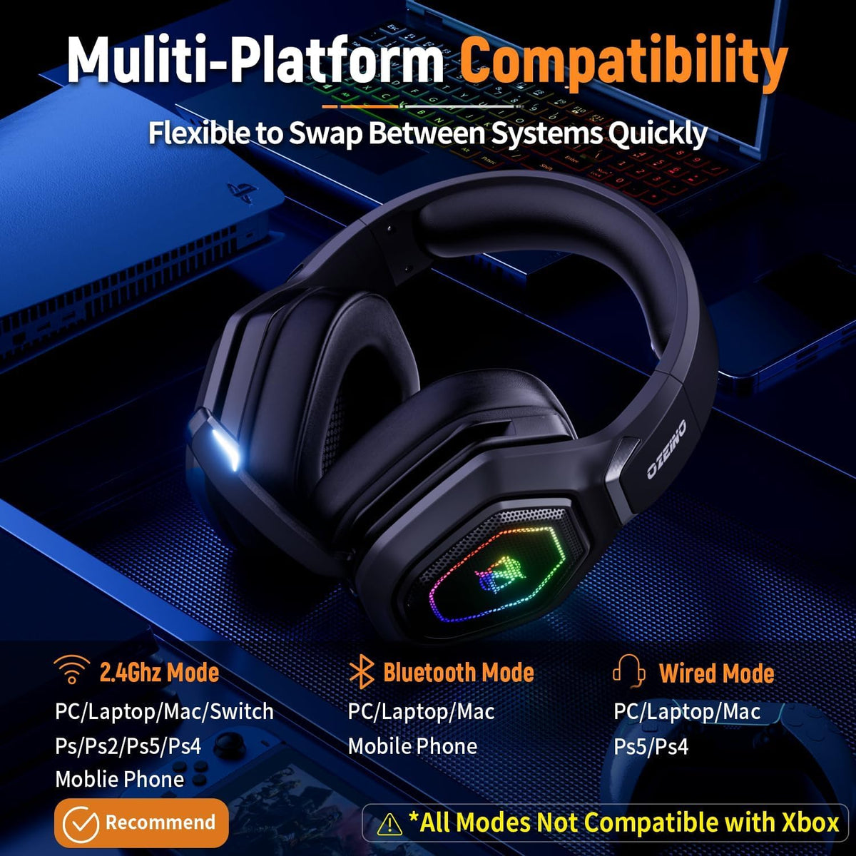 Ozeino Auriculares inalámbricos para juegos con micrófono abatible,...