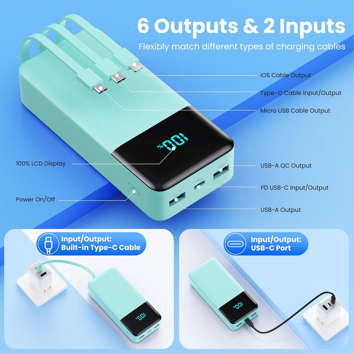 Cargador portátil de 50800 mAh con 3 cables integrados, 25 W PD QC4...