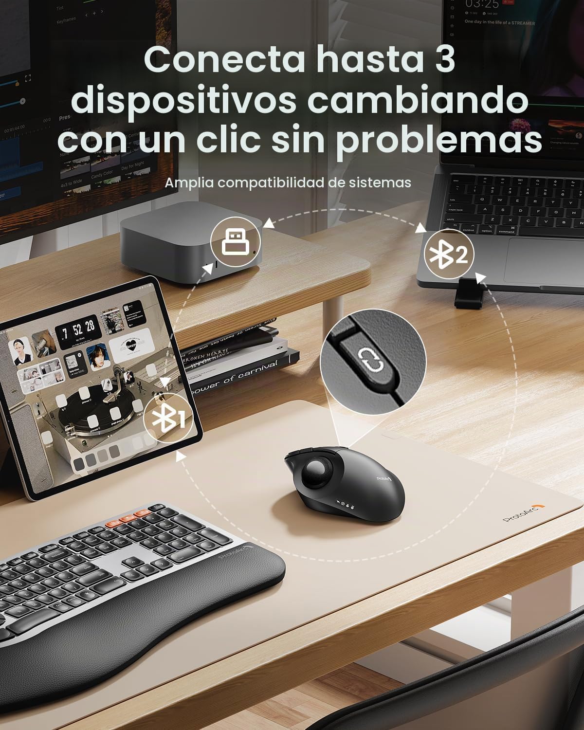 ProtoArc Ratón inalámbrico Bluetooth Trackball, EM02 de dos ángulos...