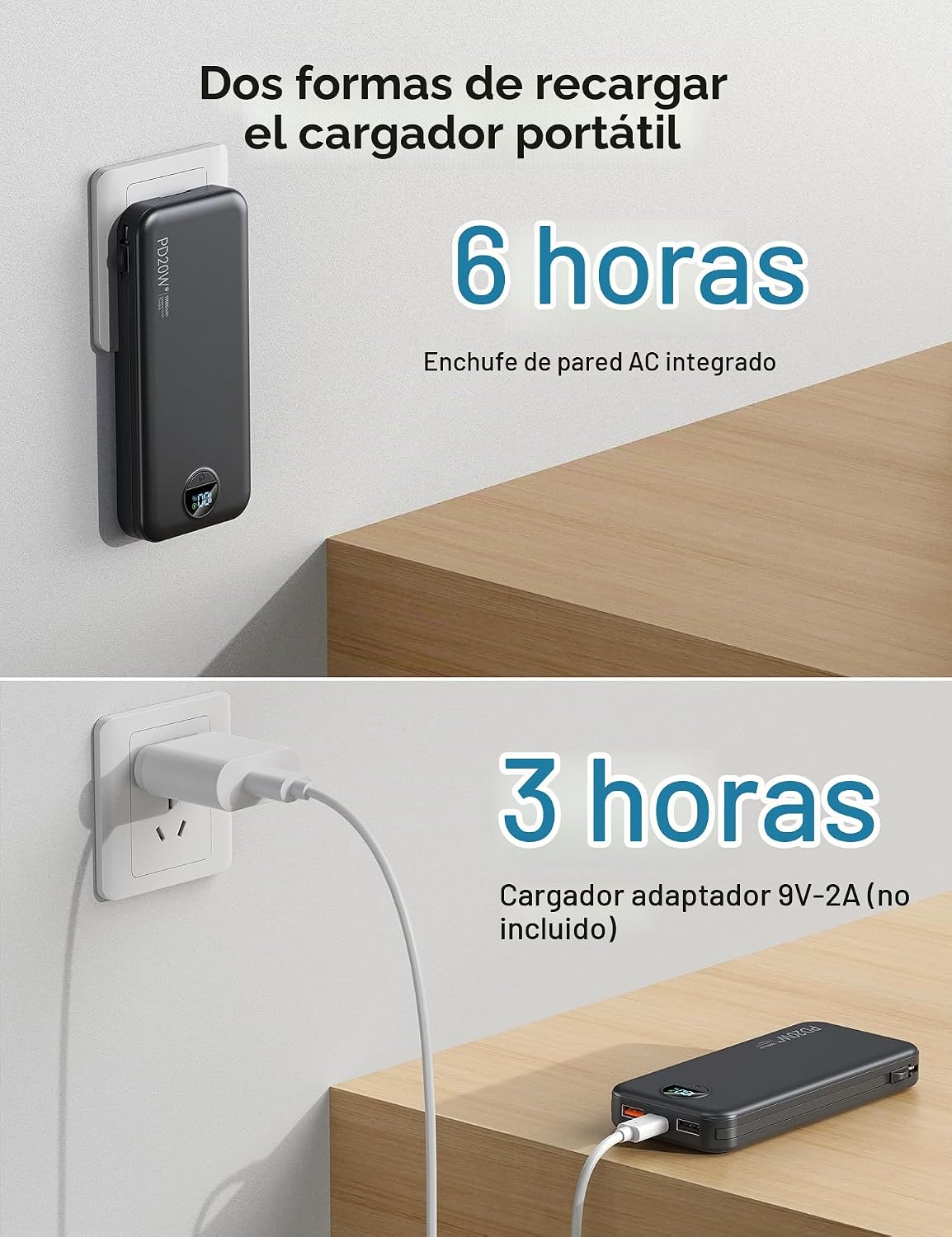 Cargador portátil Power Bank 10000mAh con cables integrados y enchu...