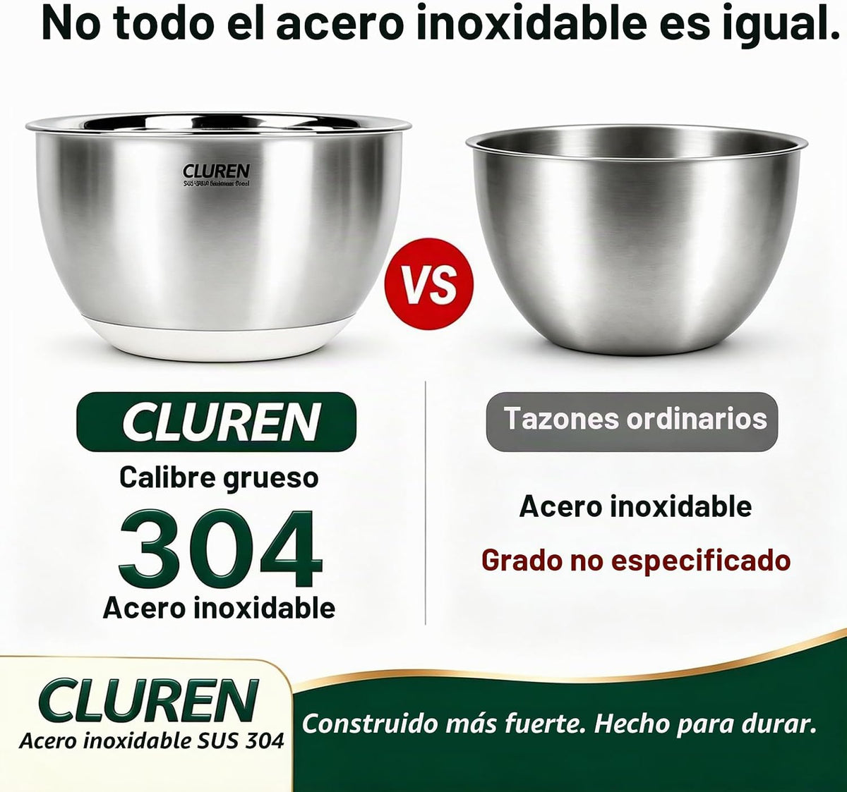 Juego de tazones para mezclar de acero inoxidable Cluren 304, 3 pie...