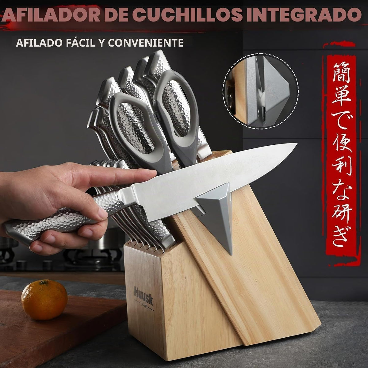 Huusk - Juego de cuchillos de cocina con bloque y afilador integrad...