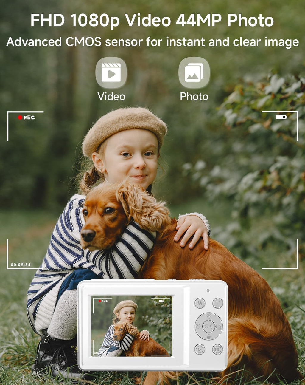 Cámara digital para niños, FHD 1080P 44MP Cámara de punto y disparo...