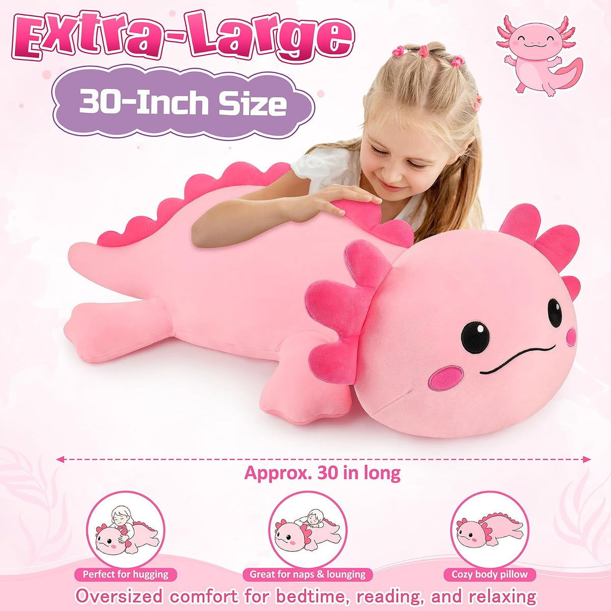 Peluche de ajolote rosa gigante de 30 pulgadas, almohada de peluche...