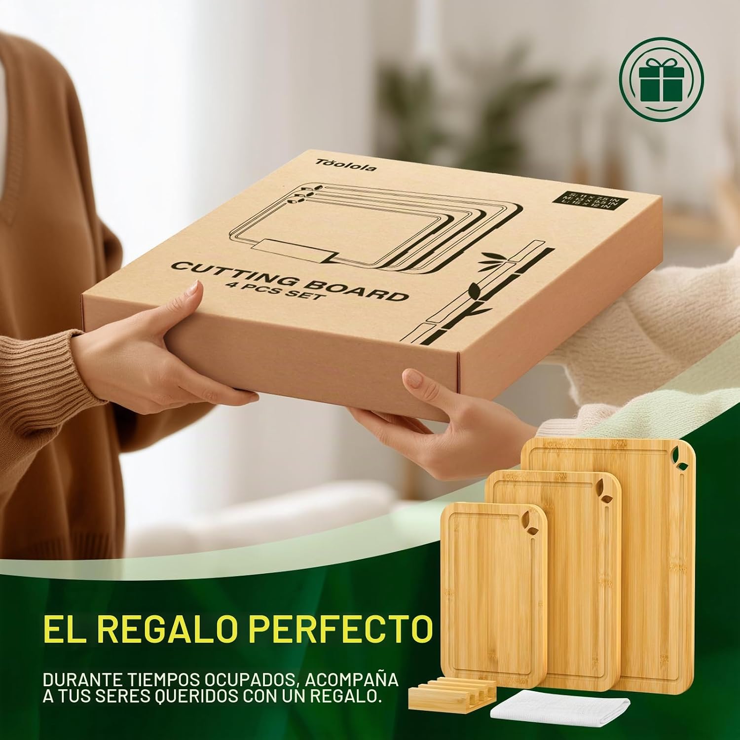 Toolola Tablas de cortar de bambú para cocina con soporte y alfombr...