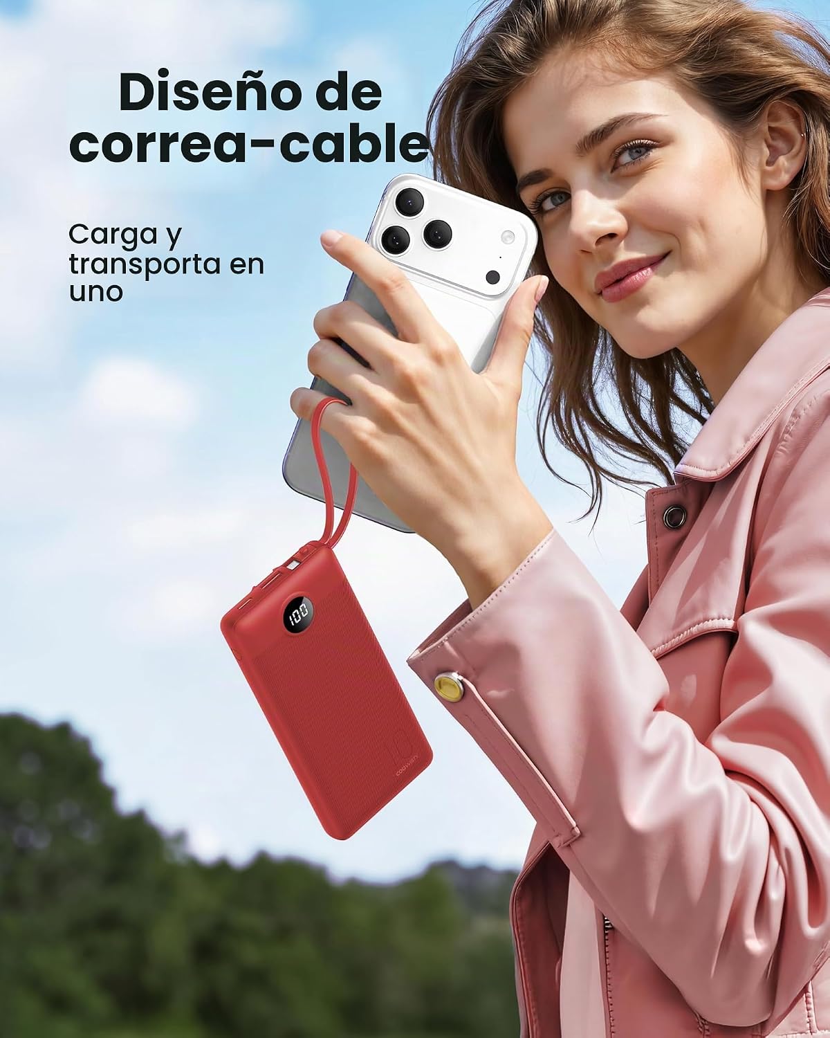 Coowisty Cargador portátil, batería externa con cables, luz de 1000...