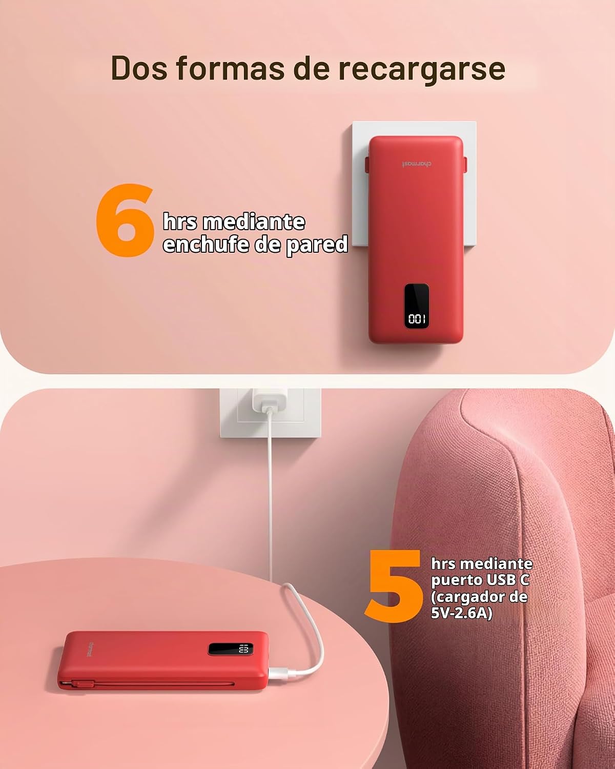 charmast Cargador portátil de 10000 mAh con cables incorporados y e...
