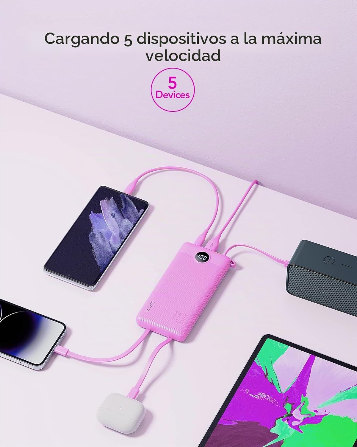 VRURC Cargador portátil, banco delgado de energía incorporado 4 cab...