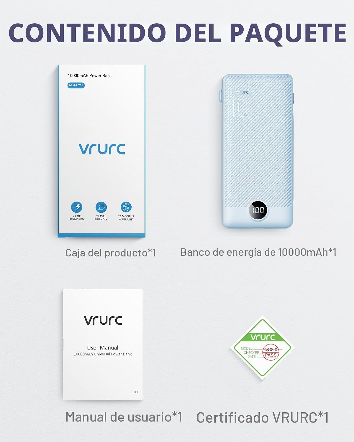 Cargador portátil VRURC, cables incorporados del banco de energía y...
