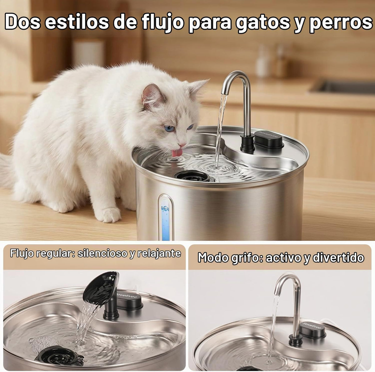 SOVELIVEE Fuente de agua para gatos de acero inoxidable 304, fuente...