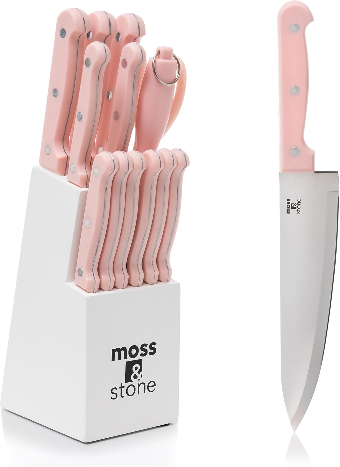 Moss &amp; Stone Pink - Juego de cuchillos de cocina de 14 piezas c...