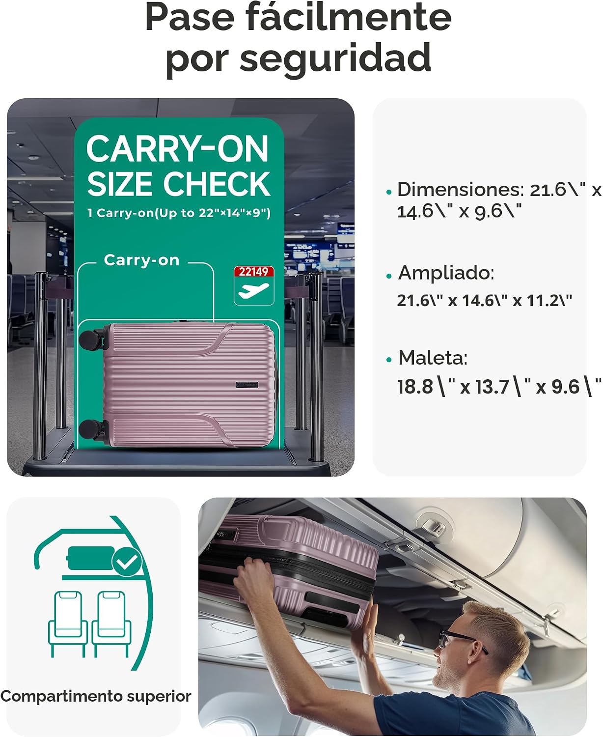 BAGSMART - Maleta de mano 22 x 14 x 9 aprobada por aerolínea, malet...