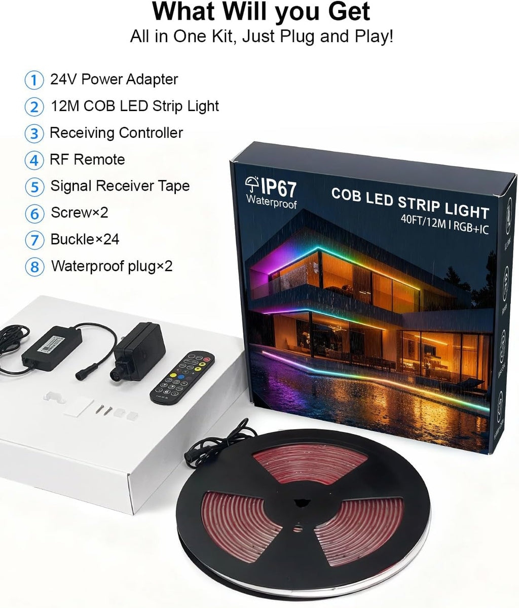 Tiras de luces LED COB de 40 pies para exteriores RGB Smart IC IP67...