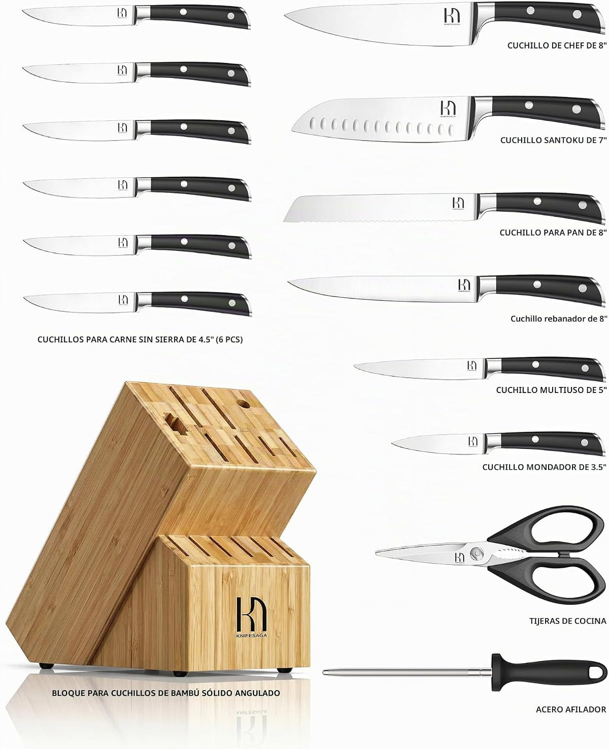 KnifeSaga - Juego de bloques de cuchillos de 15 piezas con afilador...