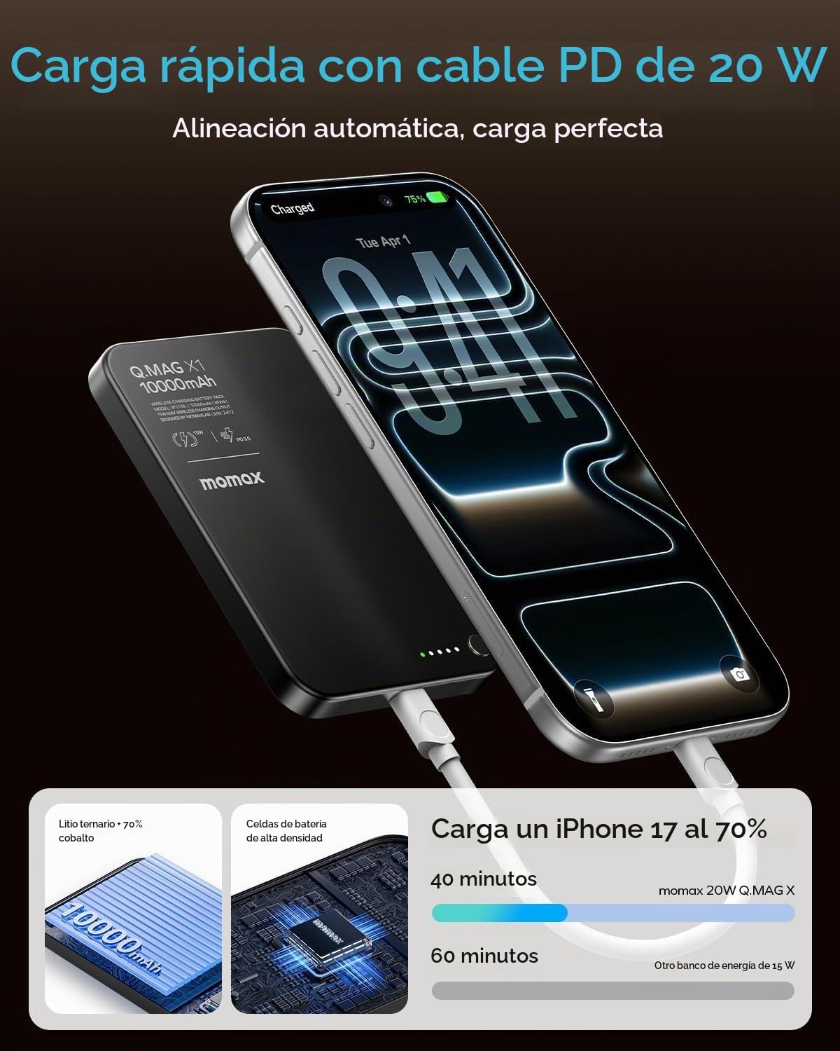 MOMAX Banco inalámbrico magnético del poder, 10000mAh delgado 0,5&#...