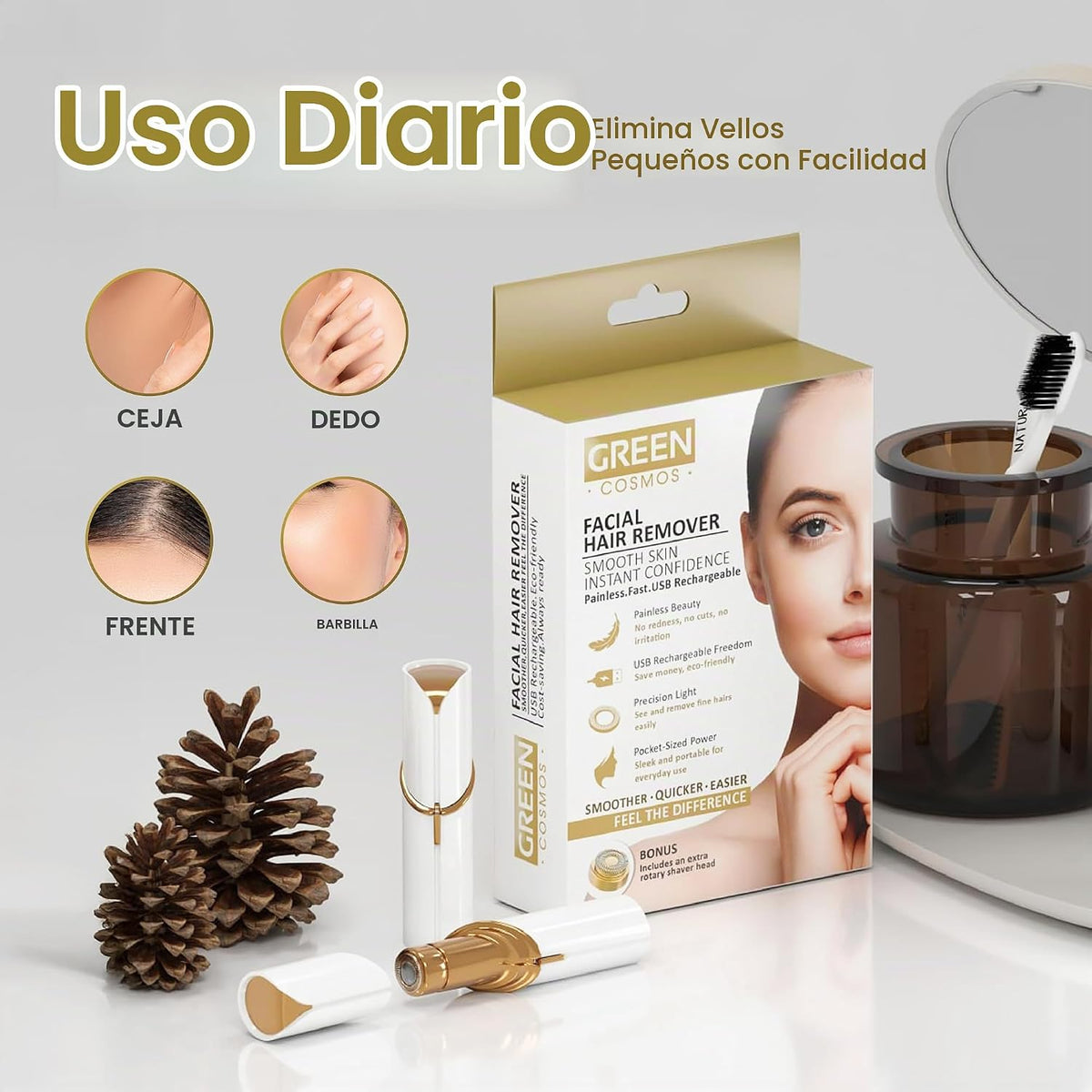 Removedor de vello facial para mujer, recargable por USB, 2 cabezal...