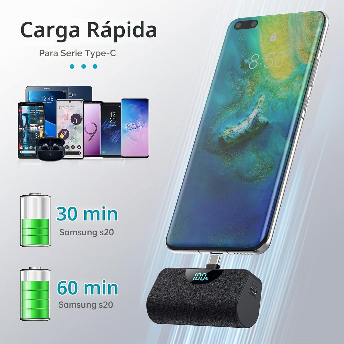 HETP Mini cargador portátil USB C, batería de carga rápida mejorada...