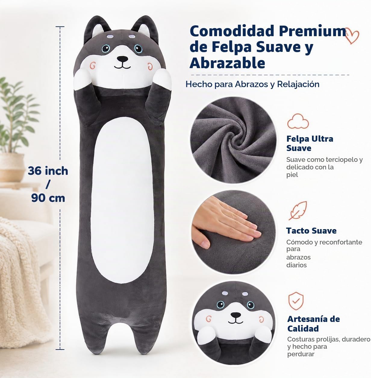 Kashabawangzi Peluche de perro Husky de 36 pulgadas, suave almohada...
