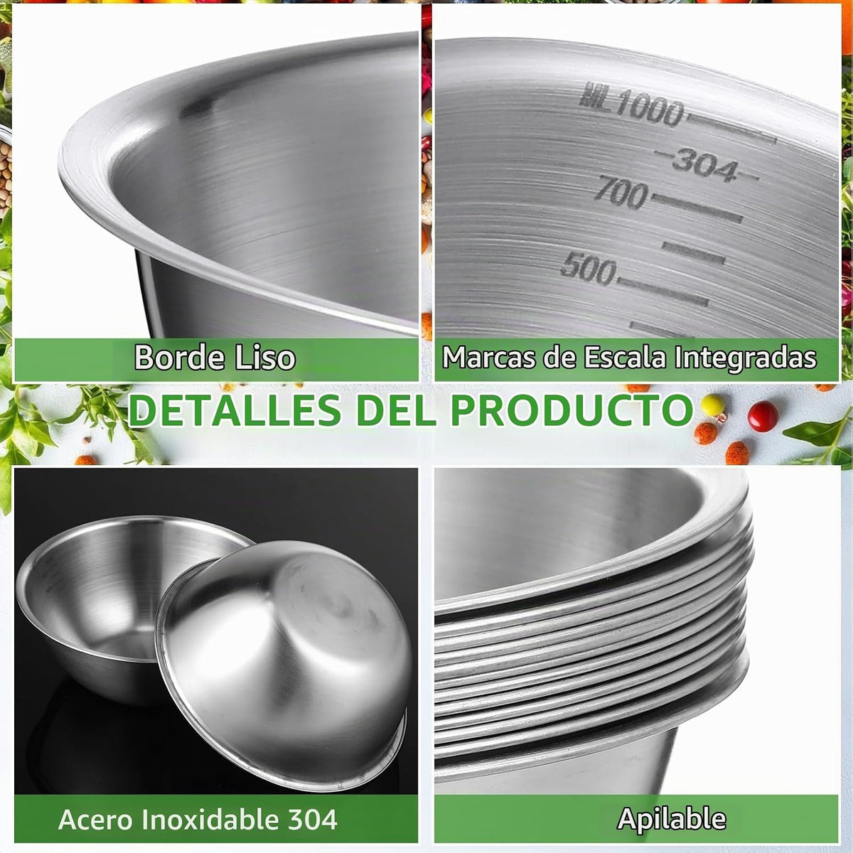 Honeydak 12 piezas de cuencos de mezcla de acero inoxidable 304 con...