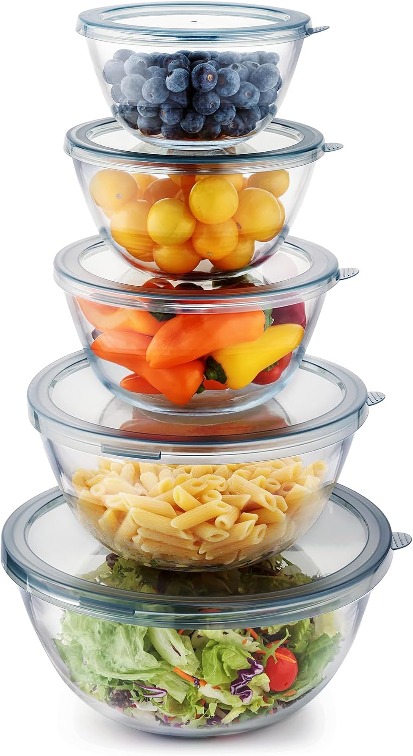 Cuiselct - Juego de 5 cuencos de vidrio para mezclar con tapas, jue...