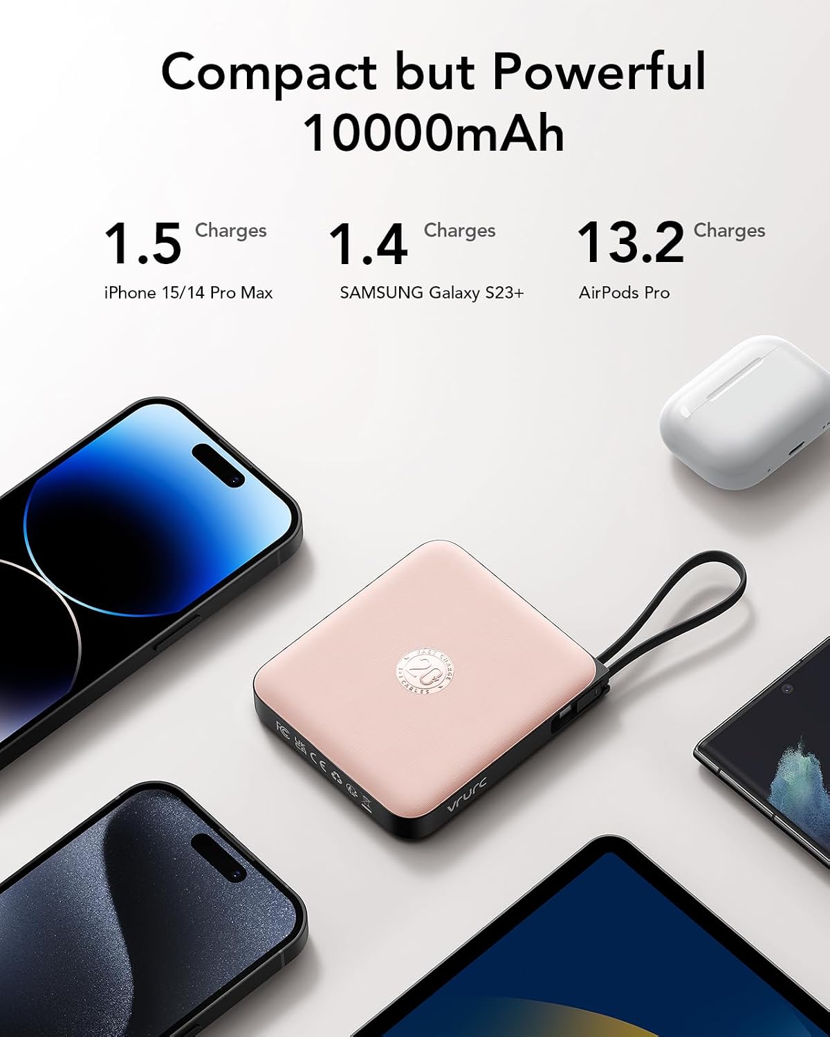 VRURC Cargador portátil para iPhone cables incorporados, banco de e...