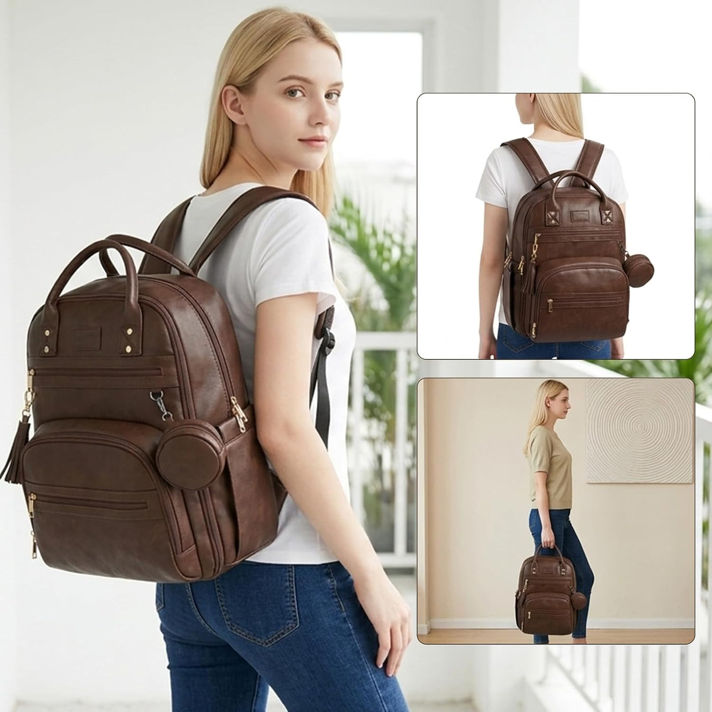 ROSEGIN Mochila para pañales de cuero vegano de alta calidad con ca...