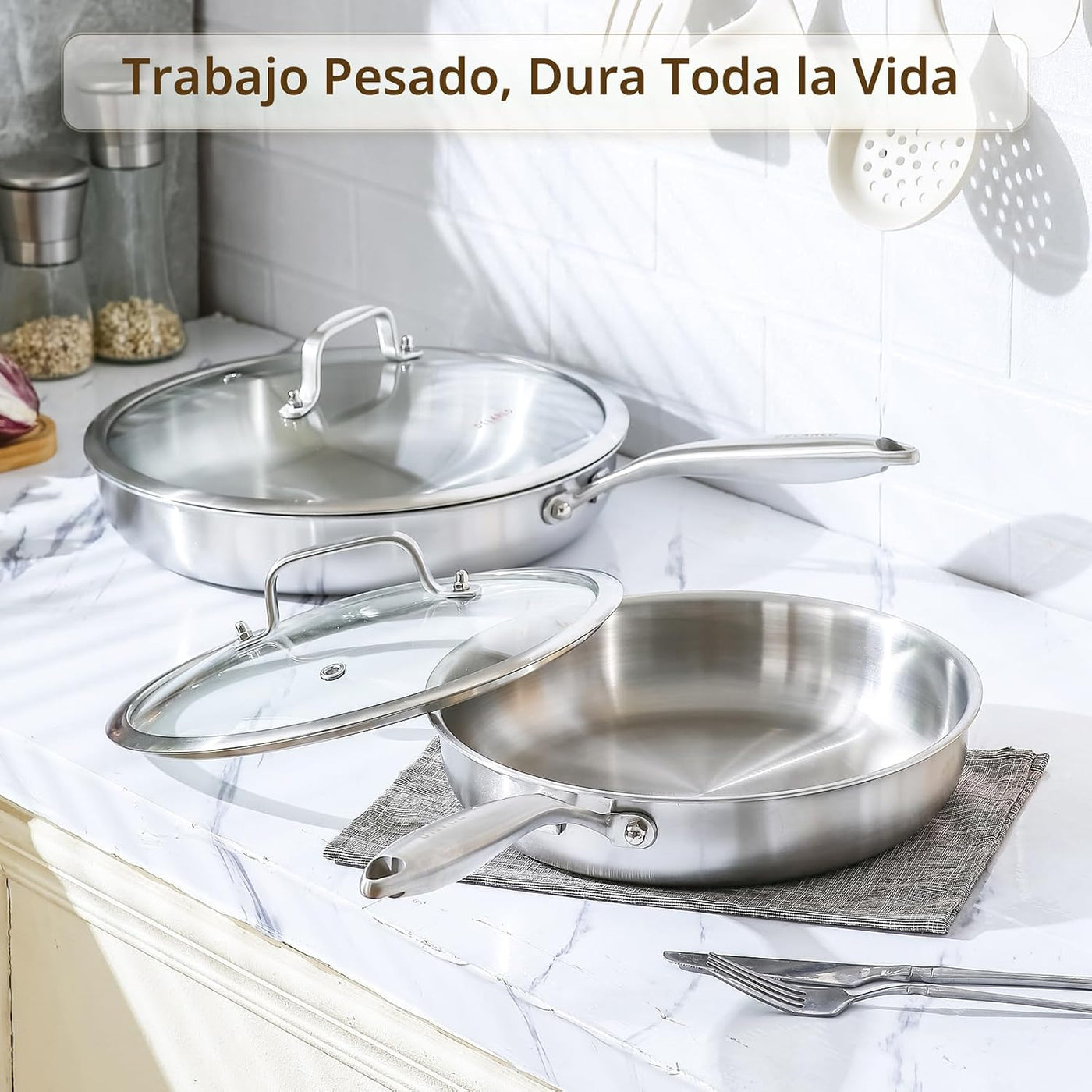 DELARLO Sartén de inducción de acero inoxidable tricapa de cuerpo e...