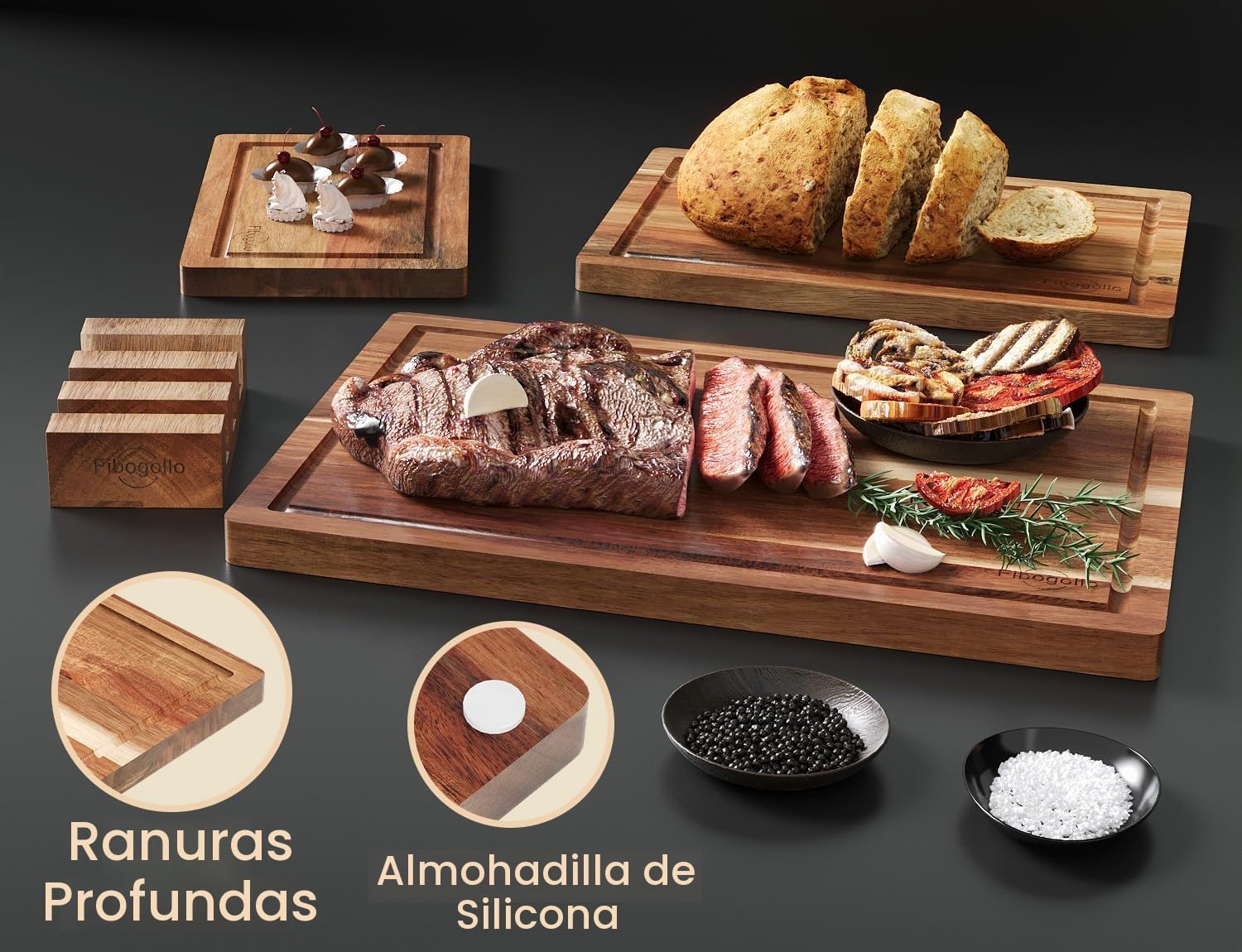 Fibogollo Tablas de cortar de madera de acacia para cocina (juego d...