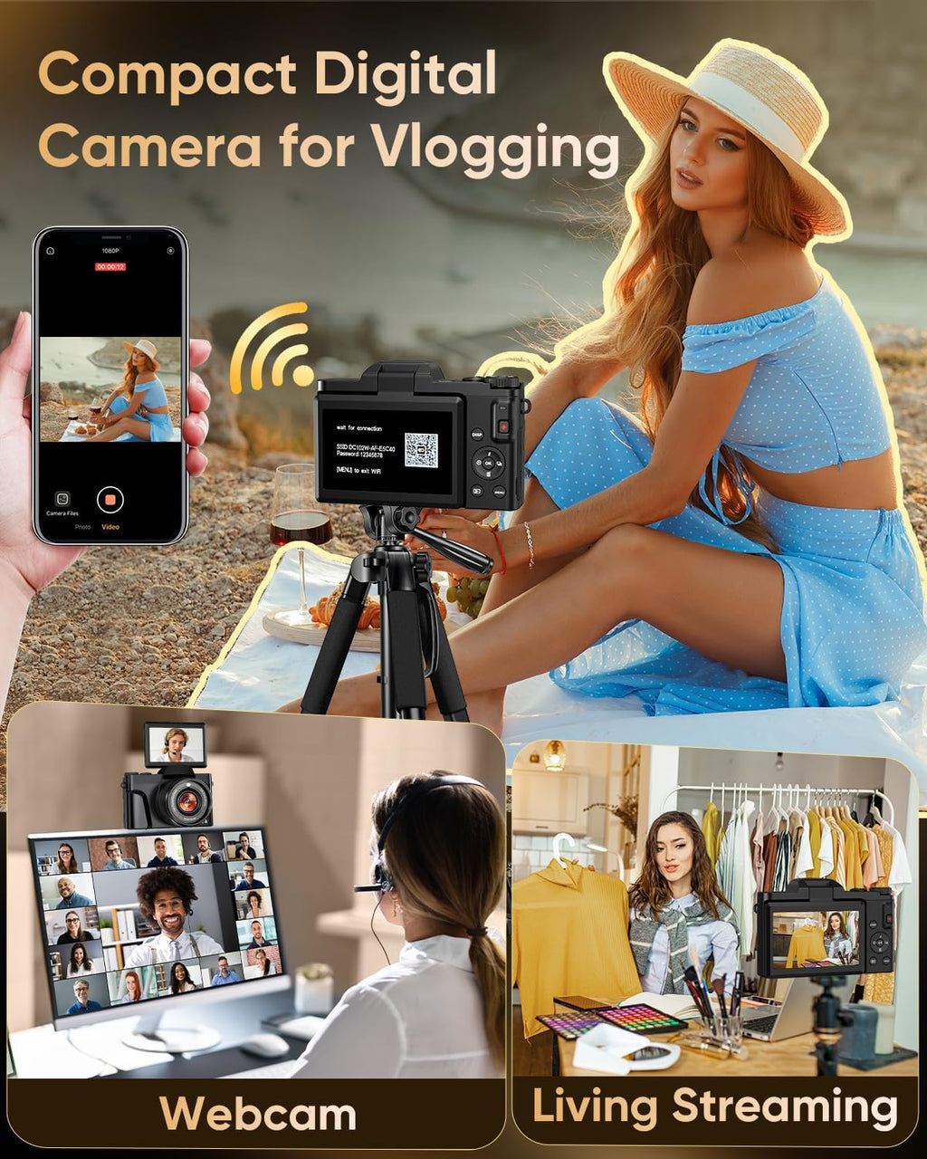 Cámara digital 4K WiFi 180° pantalla abatible enfoque automático 64...