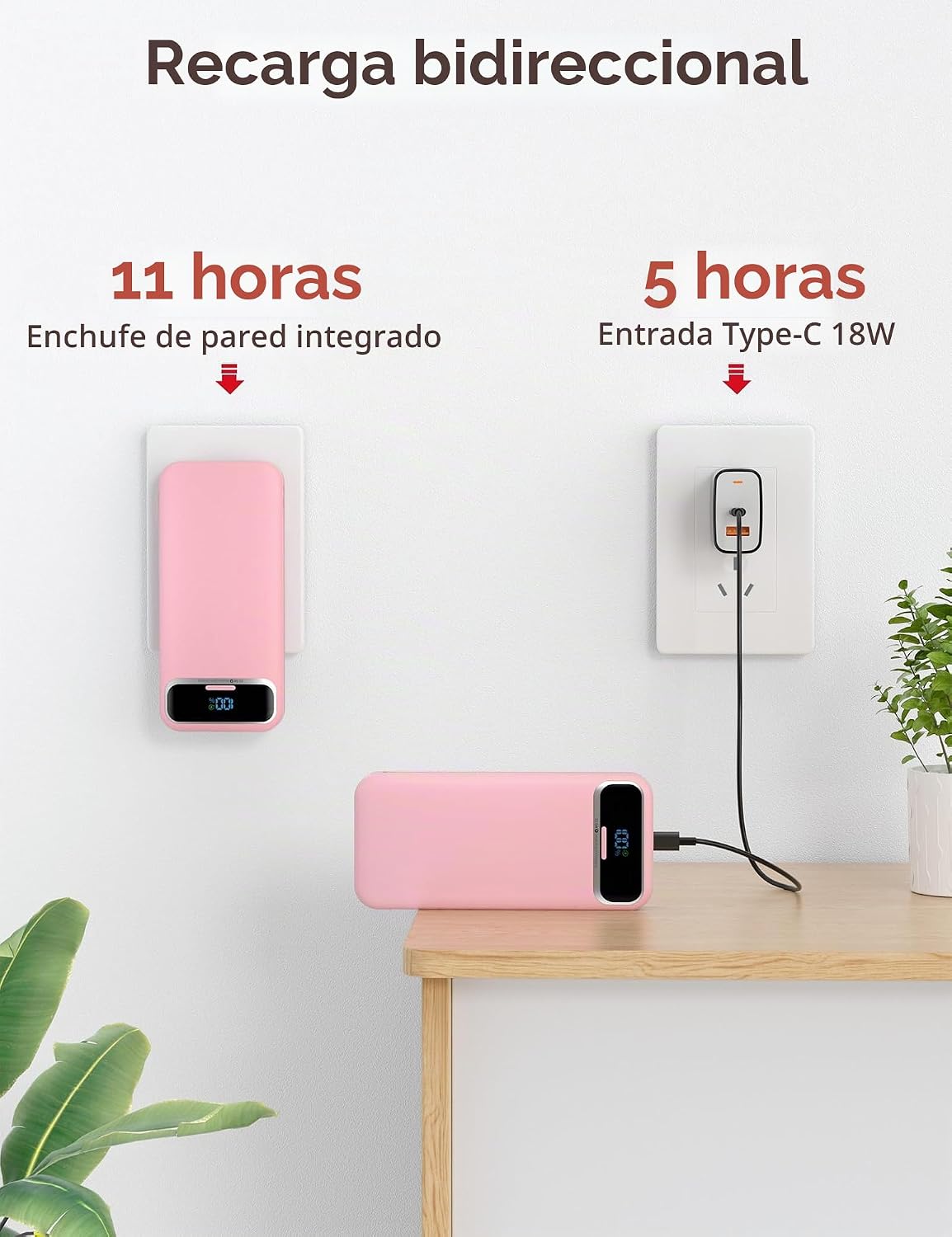 aonidi Cargador portátil 20000mAh con cables incorporados y enchufe...