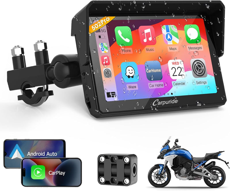 Carpuride W502PRO 5" para motocicleta CarPlay y Android Auto Du...