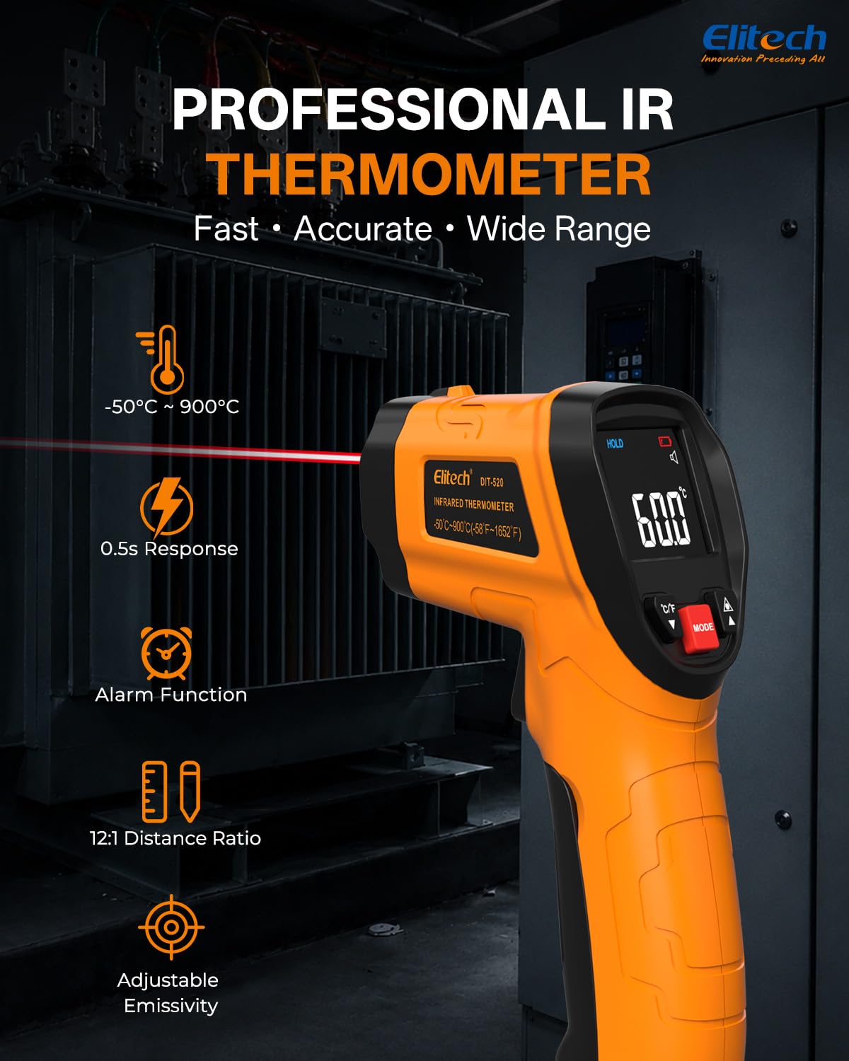 Elitech DIT\u2011520 Pistola de temperatura láser 1652 °F, 900 °C T...